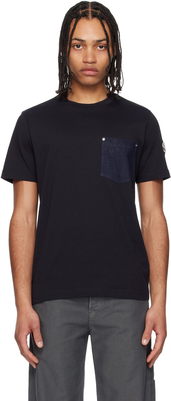 Navy Cotton & Denim Pocket T-shirt 251111M213117