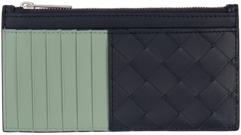 Black & Green Intrecciato Long Zippered Card Holder 242798M163004