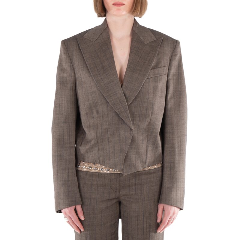 Cropped Pinstripe Wool Blazer