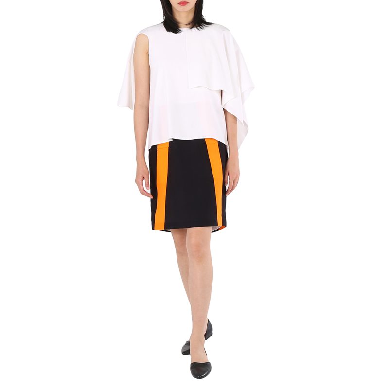 Ladies Optic White Cape OV[ERL]AY Geometric Print Silk Dress