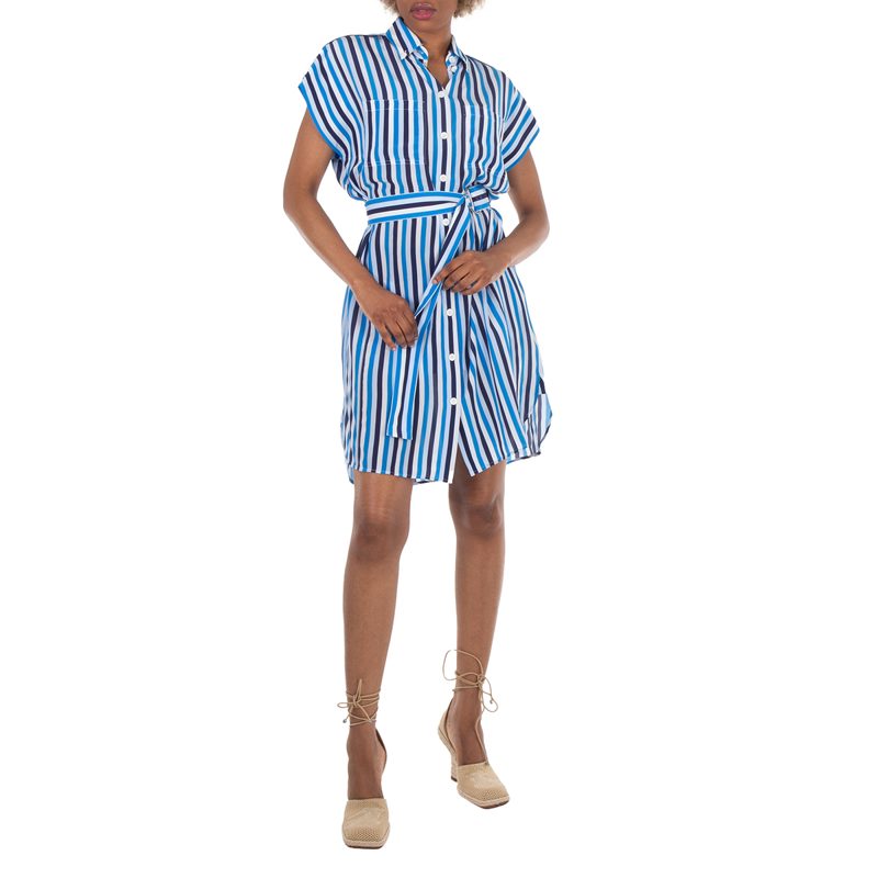 Short Sleeve Striped Pattern Silk Dress