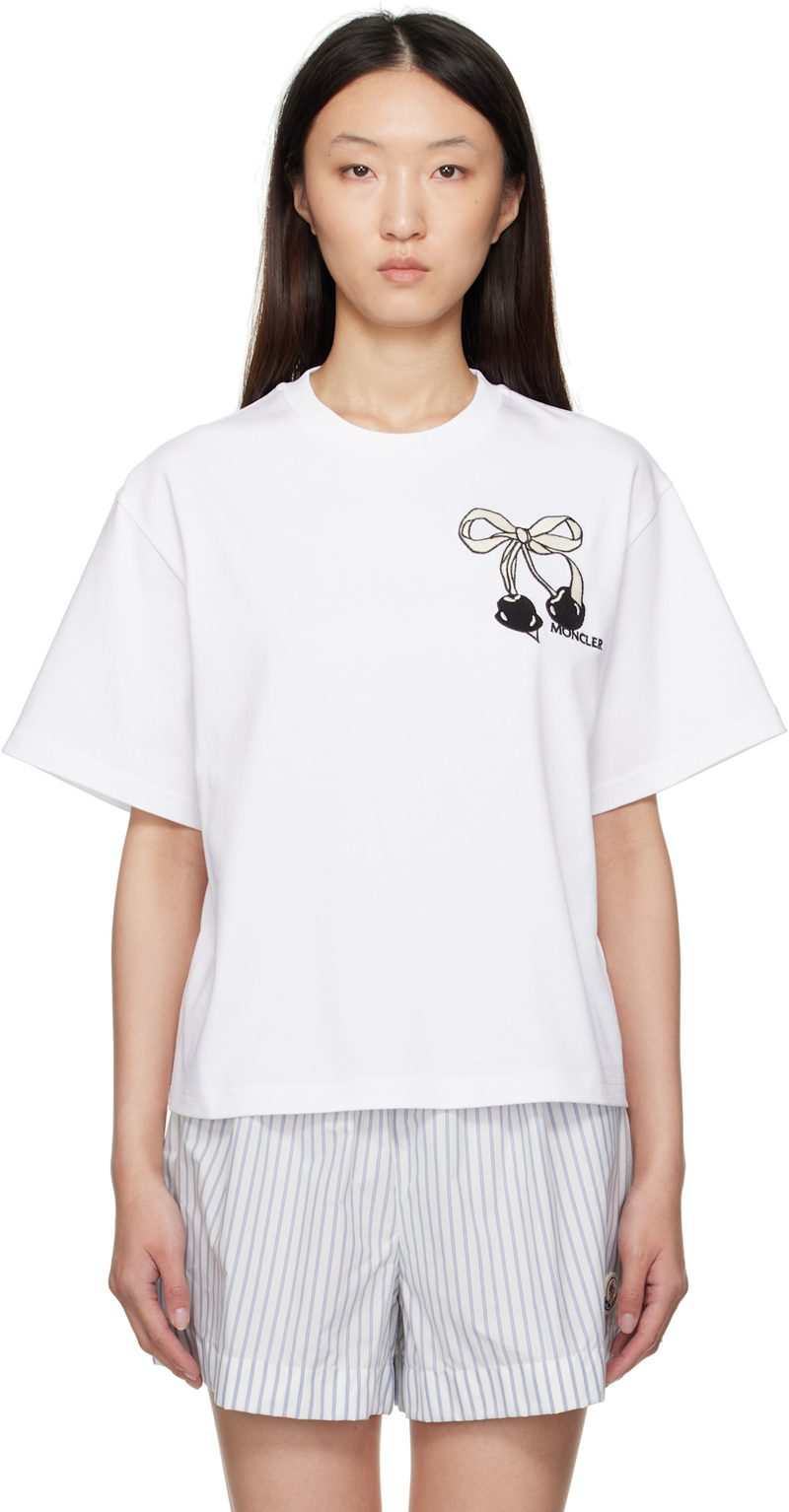 White Embroidered Cherry Logo Cotton T-shirt 252111F110006