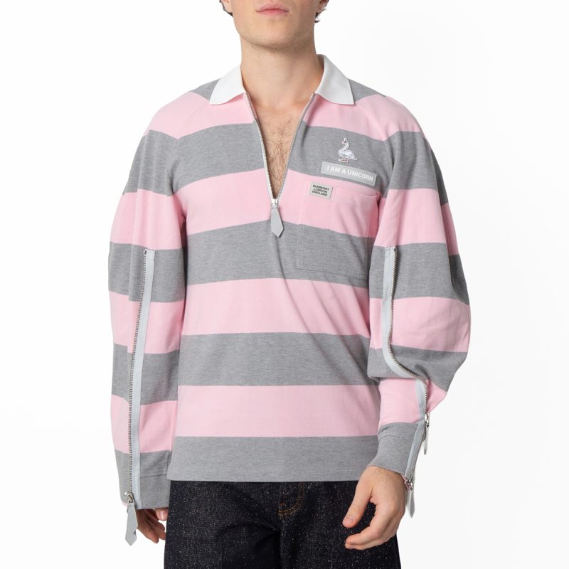 Long-sleeved Zip Detail Striped Polo Shirt