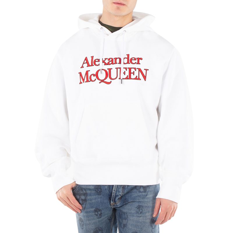 Alexander McQueen Mens Optical White Logo-Embroidered Cotton Hoodie