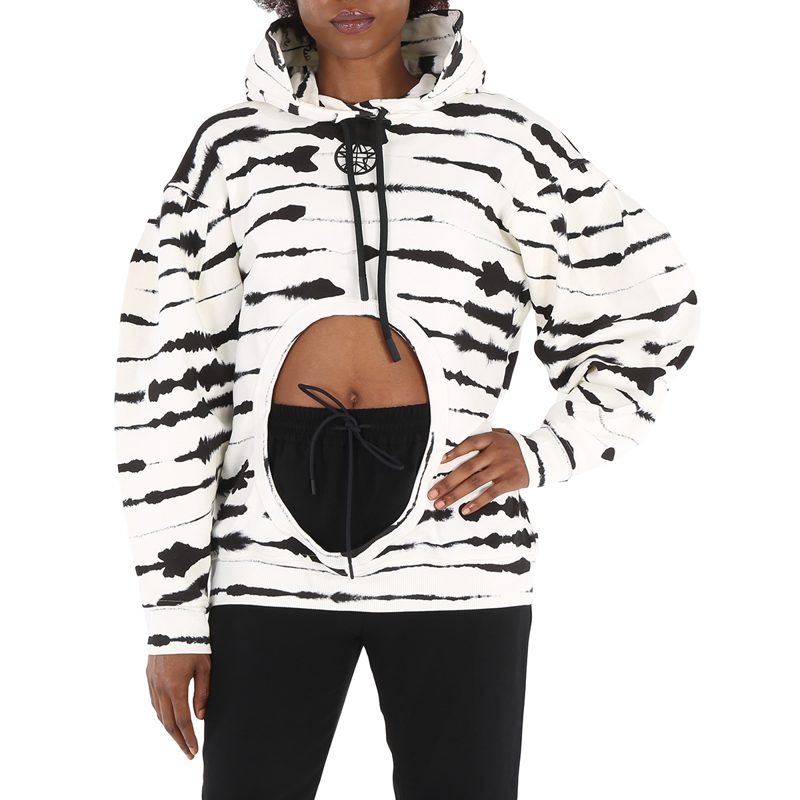 Ladies Monochrome Cut-out Detail Watercolour Print Cotton Hoodie