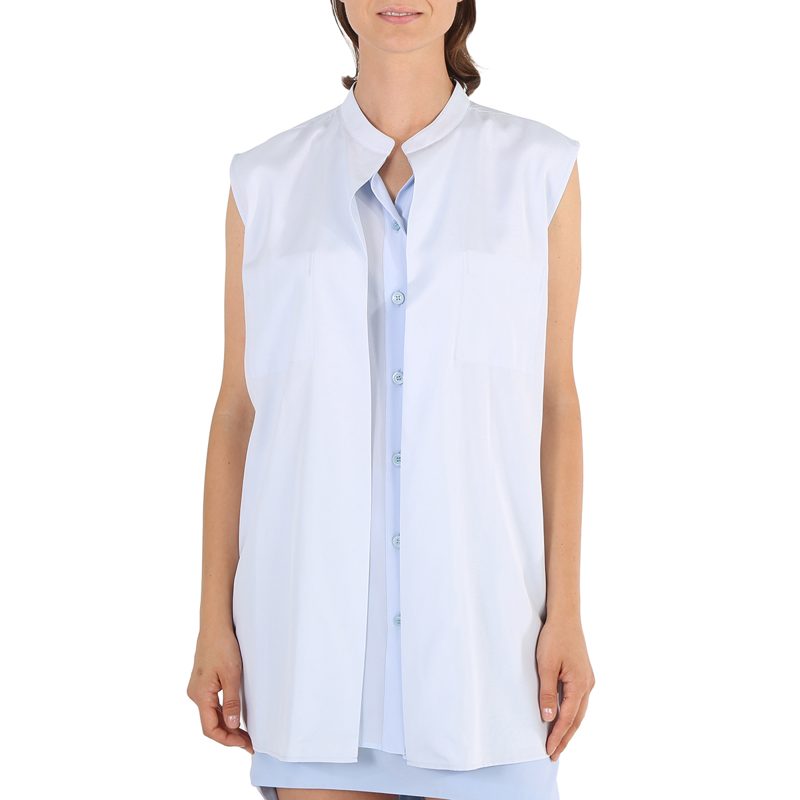 Ladies Pale Blue Suziesl Logo Detail Sleeveless Silk Crepe De Chine Shirt