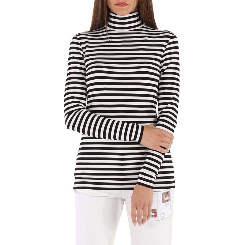 Ladies Black Striped Stretch Jersey Turtleneck Top