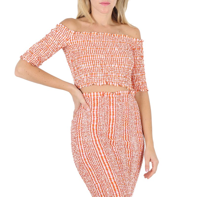 Ladies Medium Orange Wavy Vichy Gingham Smocked Crop Top