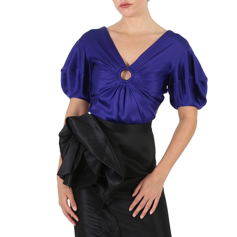 Sapphire Blue Puff-Sleeve Ruched Blouse