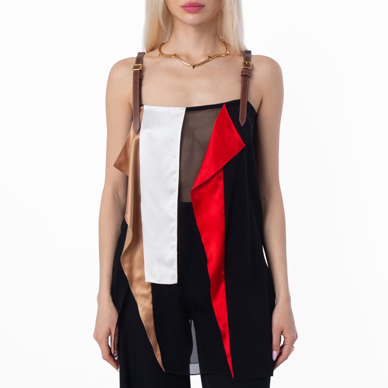 Black Leather Detail Colour Block Silk Top