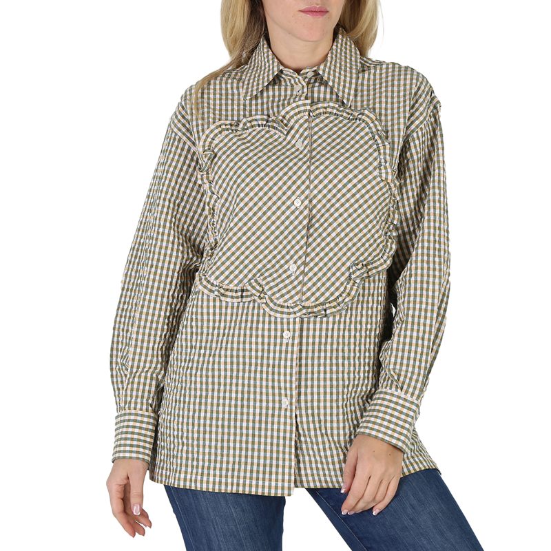 Ladies Gingham Print Boke Flower Long-Sleeve Cotton Shirt
