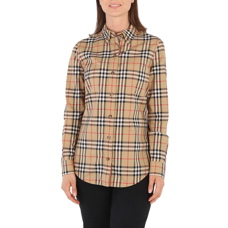 Ladies Vintage Check Stretch Cotton Button-down Collar Shirt