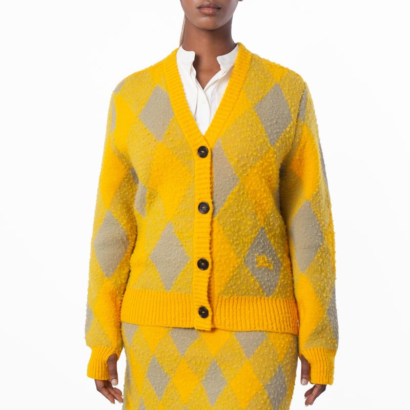Argyle Diamond Patterned Rib Trim Cardigan