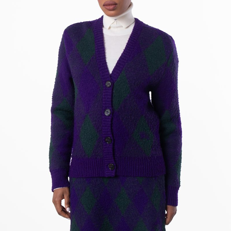 Argyle-Intarsia-Knit V-Neck Wool Cardigan