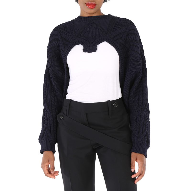 Ladies Ink Blue Cable Knit Open-Front Jumper