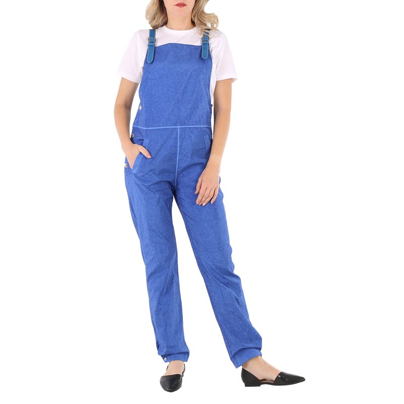 Warm Royal Blue Leather-Trim Canvas Dungarees Jumpsuit