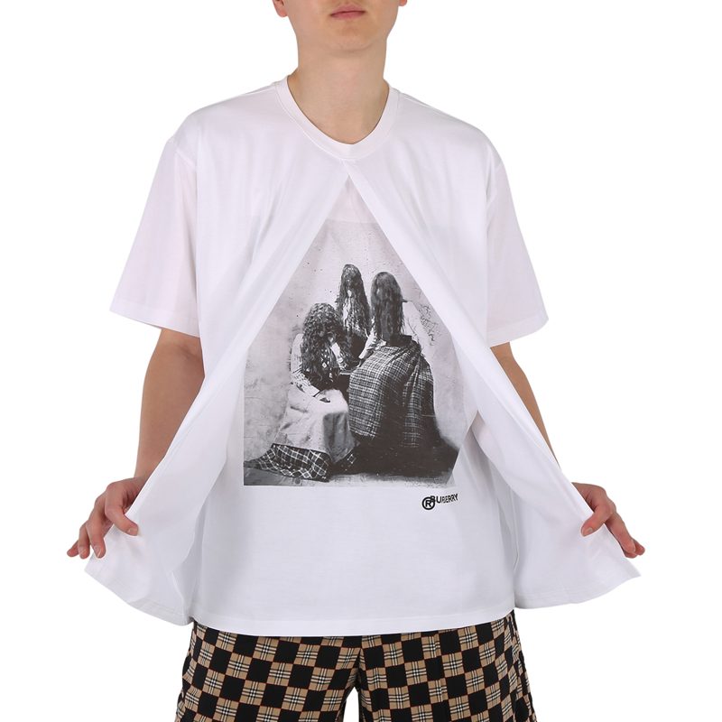 Boys Optic White Victorian Portrait Print Cotton Oversized T-shirt