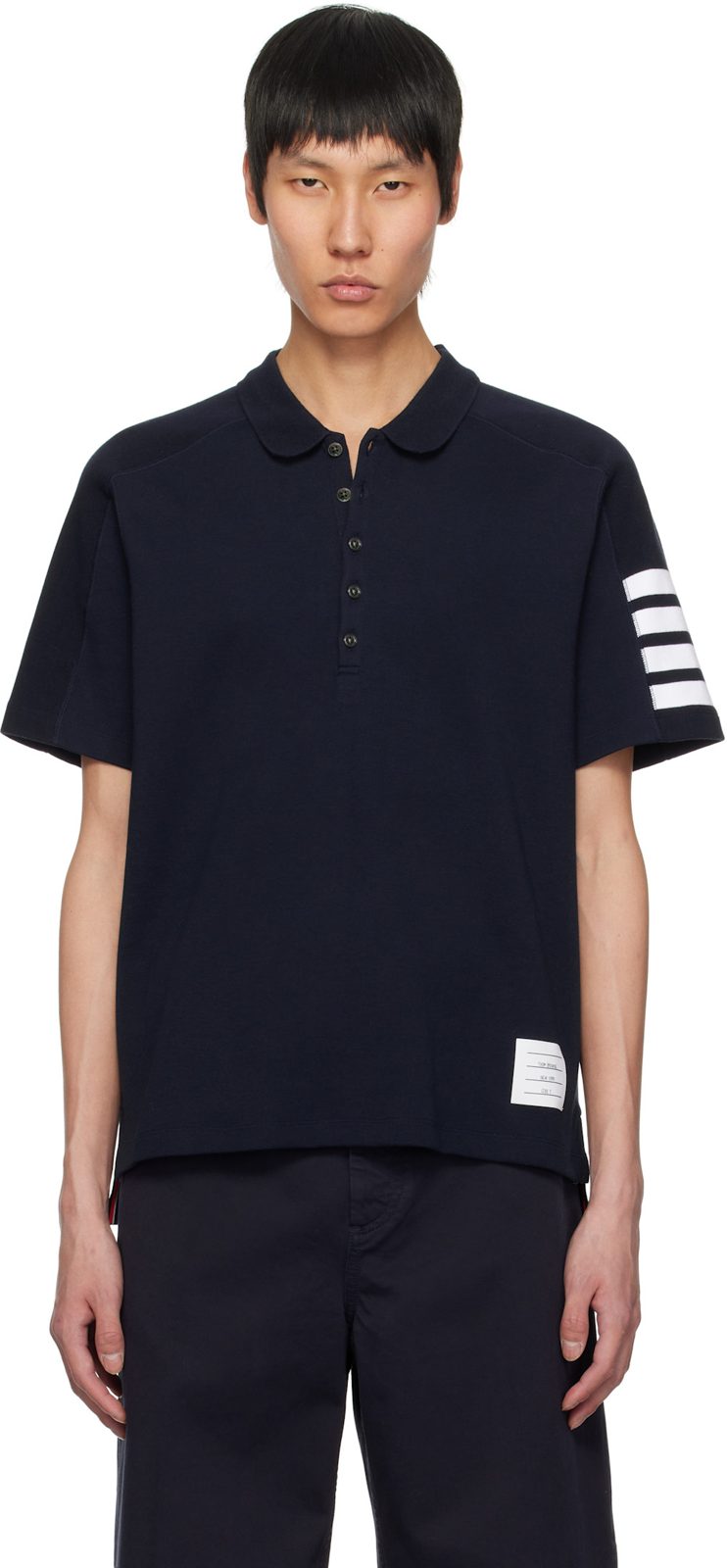 Navy Cotton 4-Bar Short Sleeve Polo 251381M212034