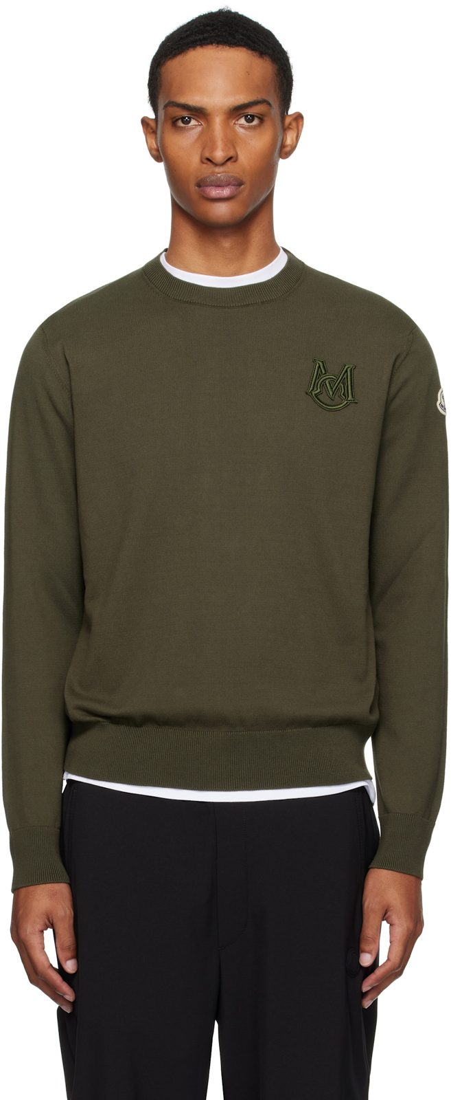 Khaki Embroidered Monogram Cotton Sweater 252111M201005