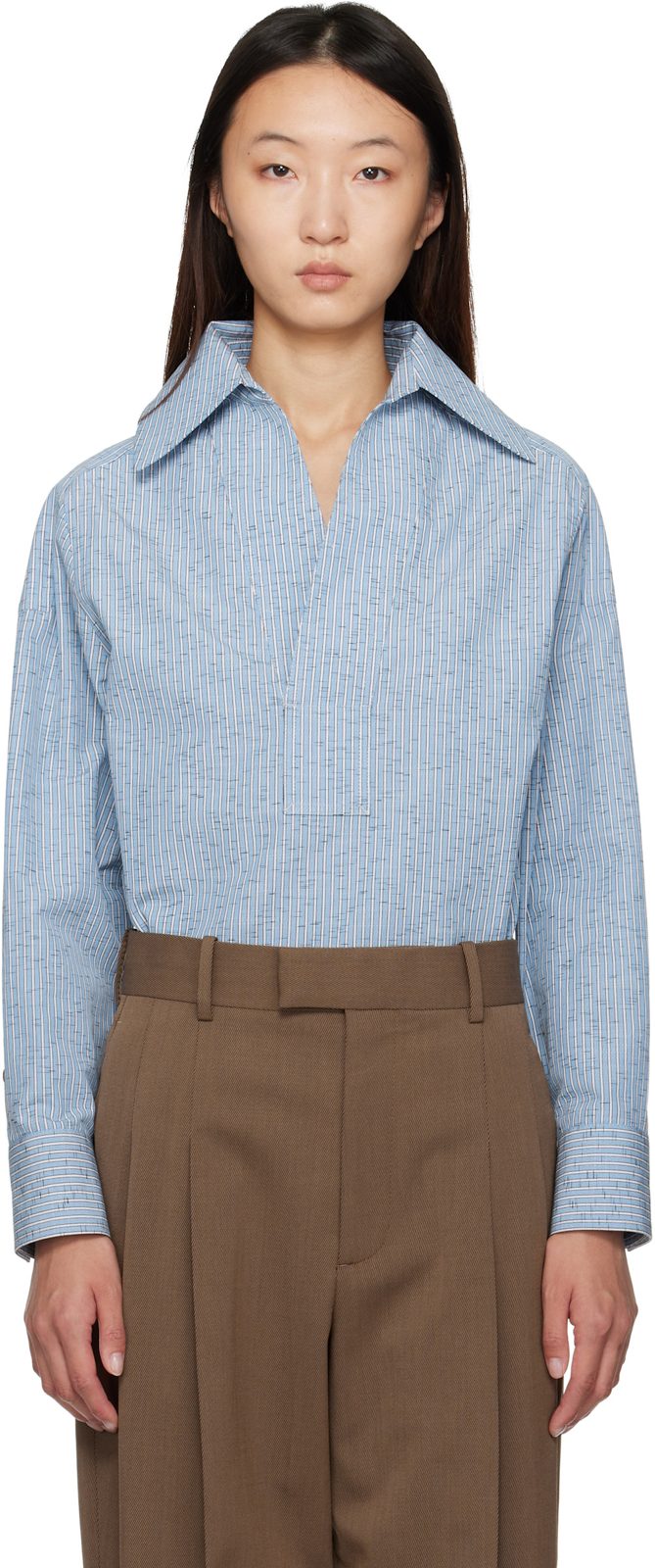 Blue Cotton & Linen Stripe Shirt 251798F109002