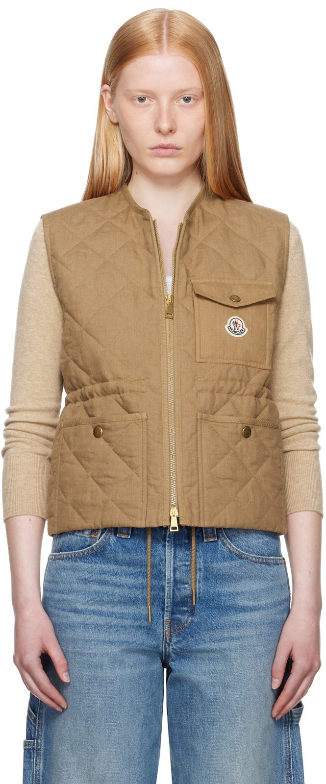 Tan Vigny Diamond-Quilted Padded Linen Vest 251111F068008