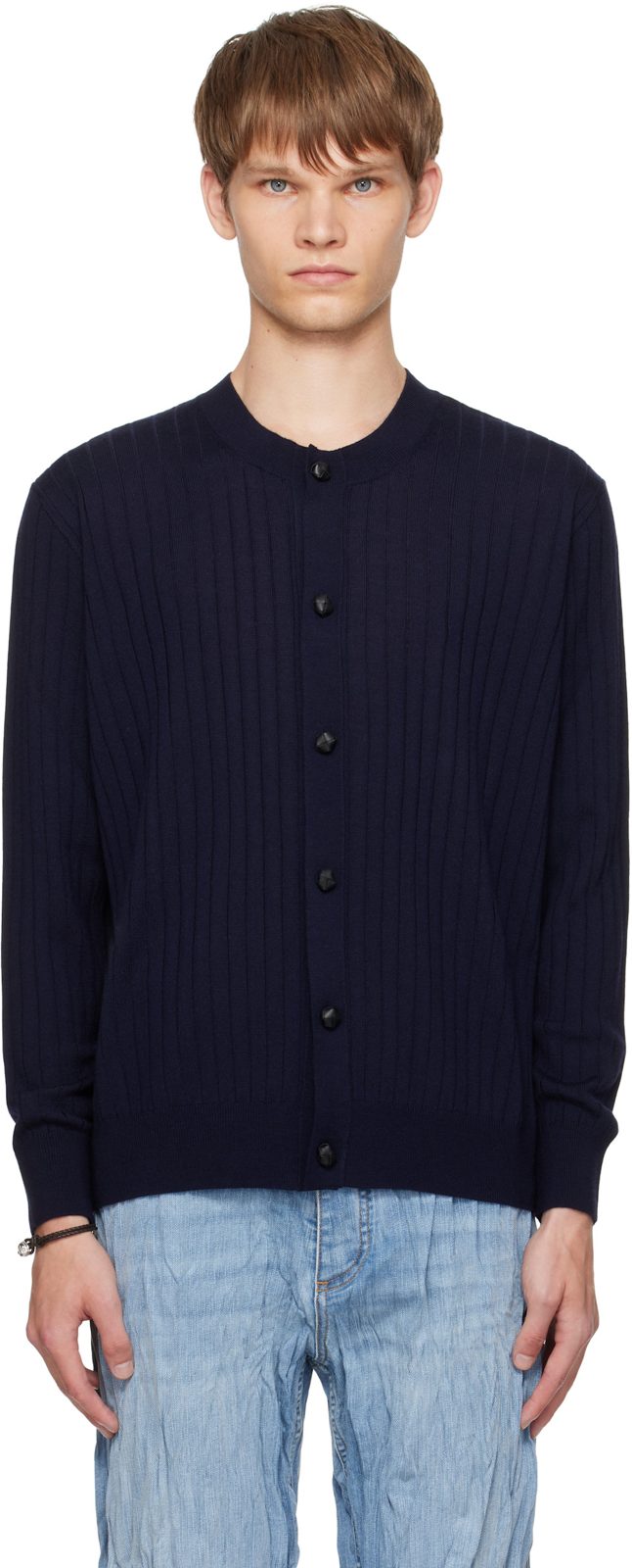 Navy Wool Rib Cardigan 252798M200000