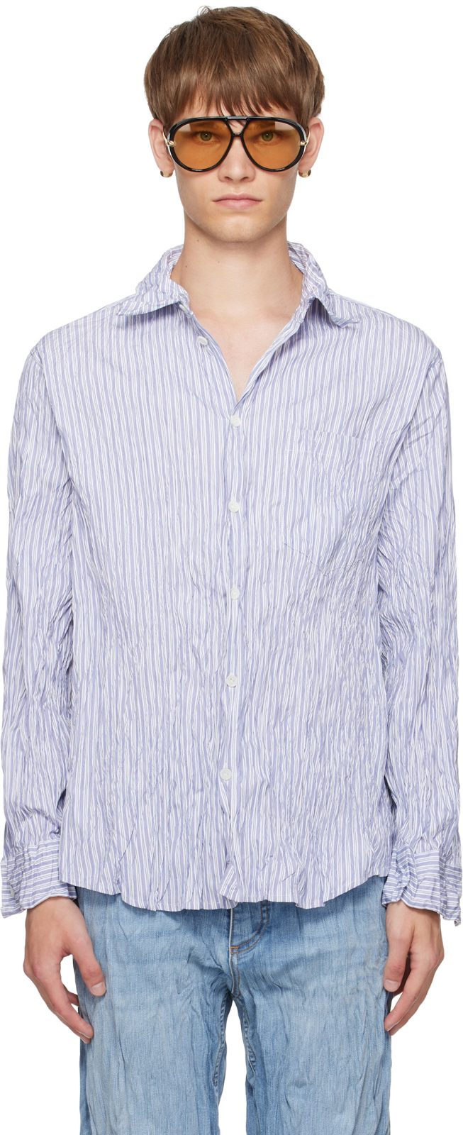 White & Navy Crushed Cotton Striped Shirt 251798M192015