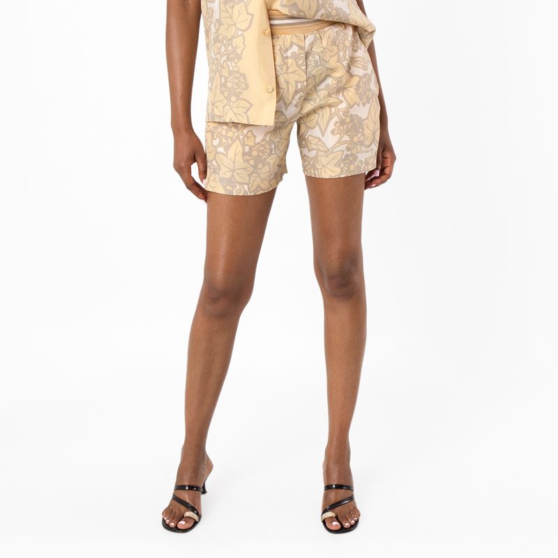 Botanical-Print Silk Shorts_Flax Ip Pattern