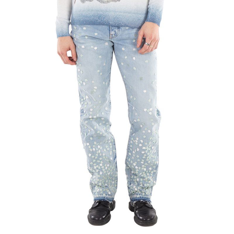 Mens Blue Floral Appliqued Straight Jeans