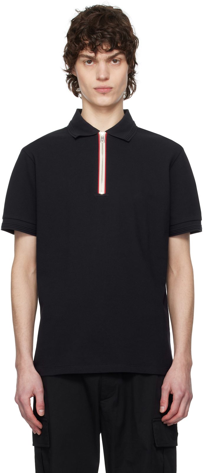 Navy Tricolour Trim Cotton Piquet Polo 251111M212008