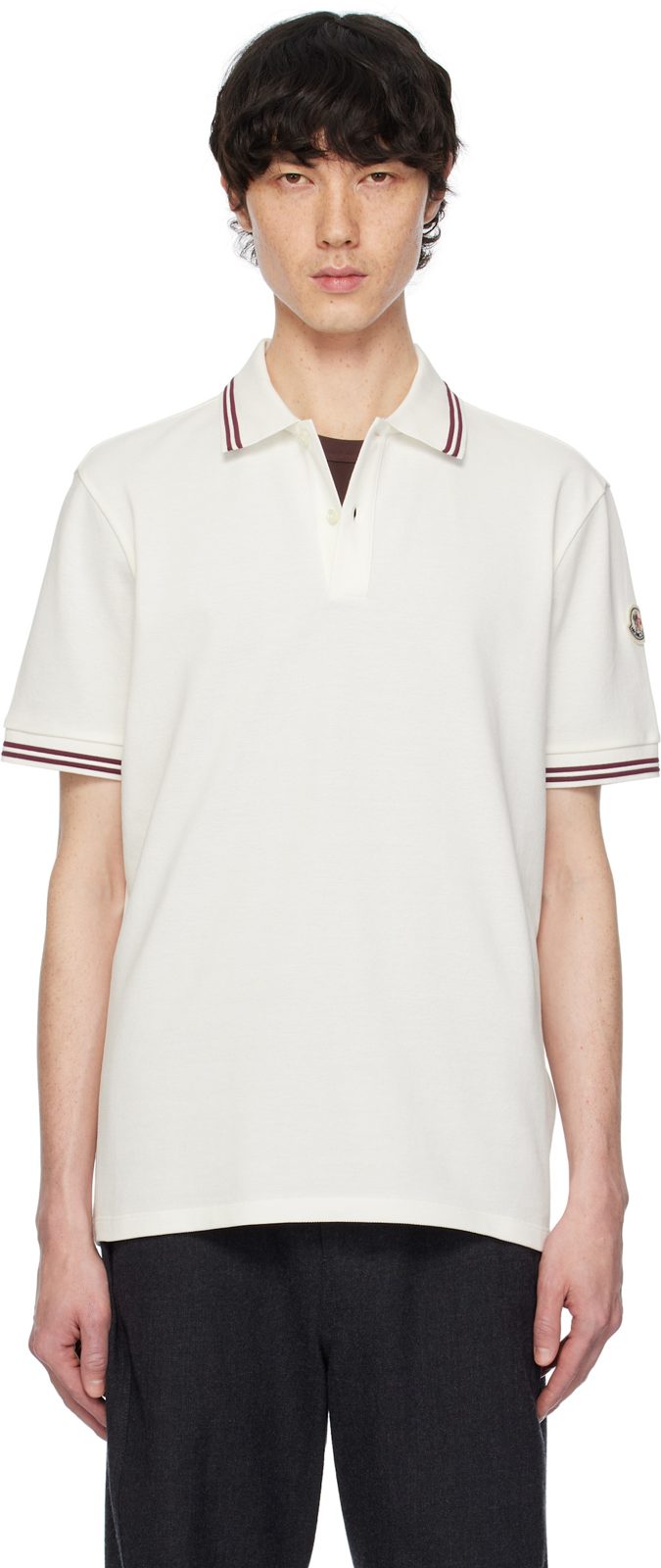 White Striped Trim Cotton Piquet Polo 251111M212006