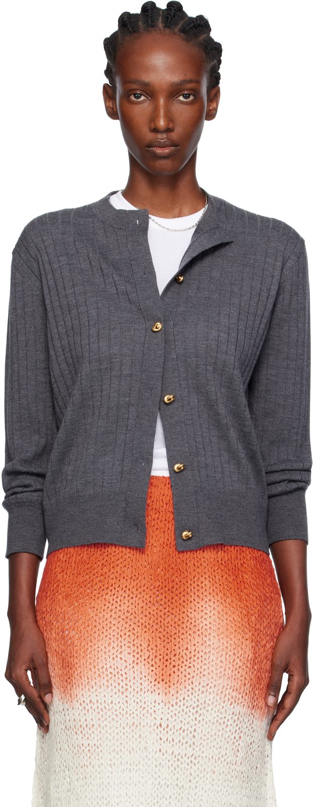 Gray Wool Rib Cardigan 252798F095001
