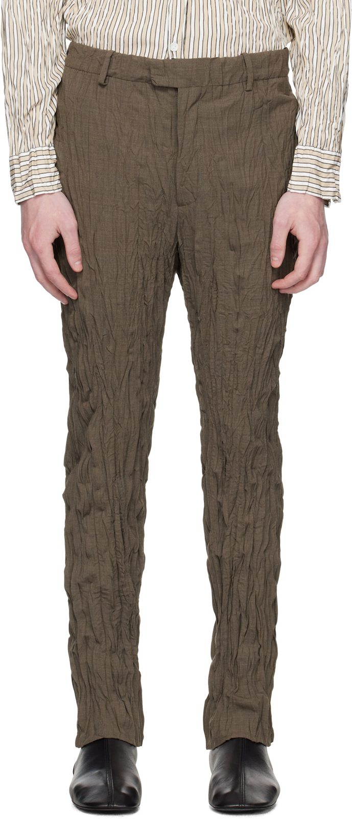 Brown Crushed Wool Slim Trousers 251798M191012