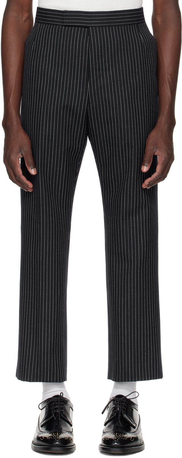Navy Pinstripe High Twist Wool Backstrap Trousers 252381M193003