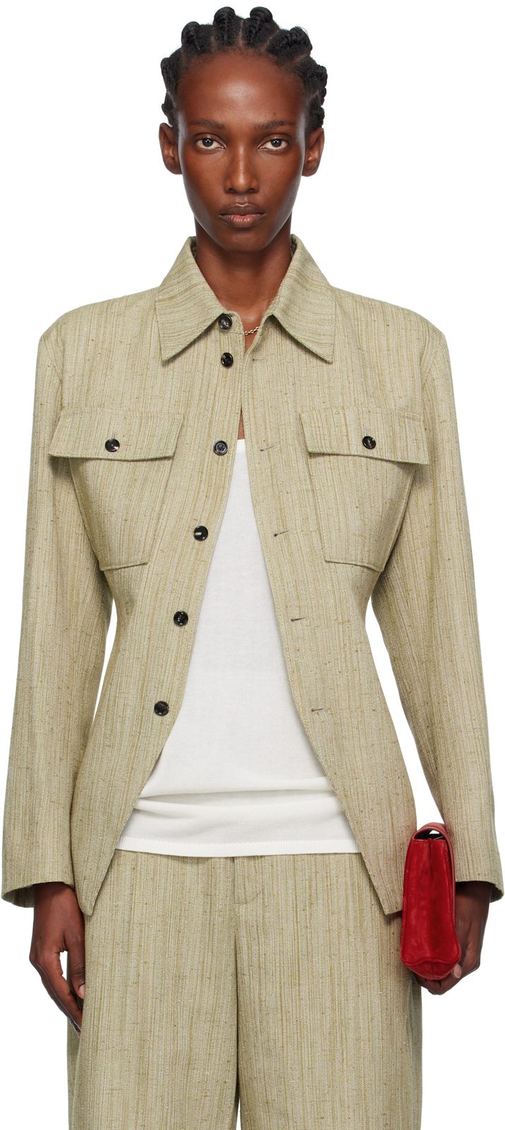 Khaki Viscose Silk Shirt Jacket 252798F063000