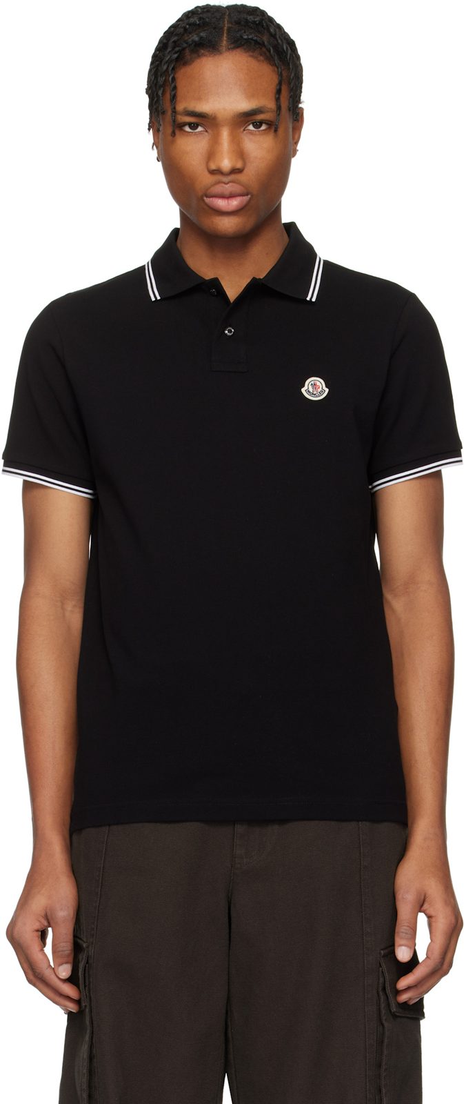 Black Striped Trim Cotton Piquet Polo 251111M212041