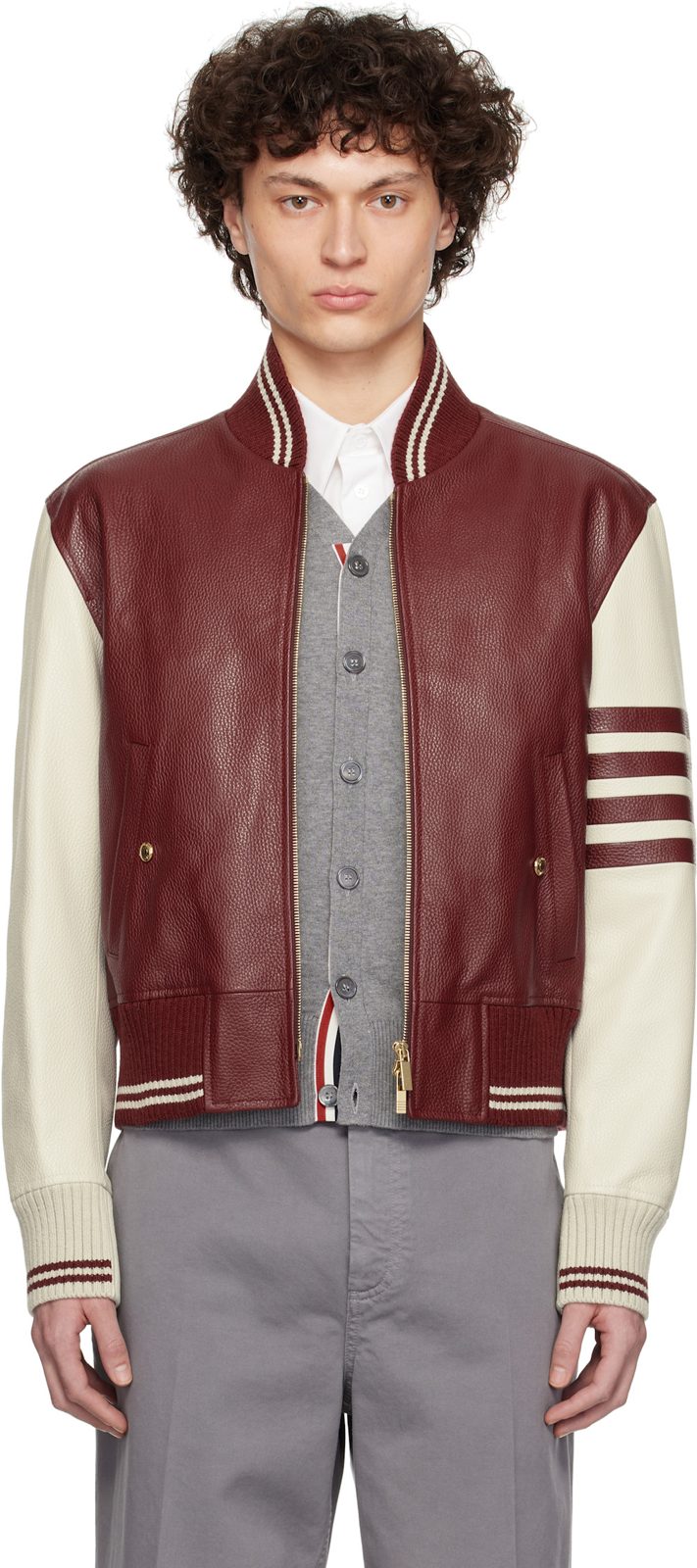 Burgundy & [오프화이트] Classic 4-Bar Leather Bomber Jacket 252381M181000