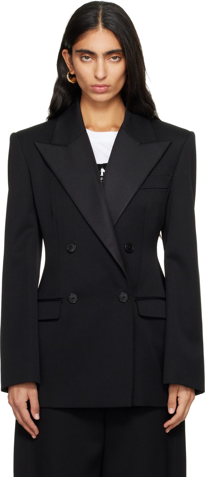 Black Double Breasted Tuxedo Blazer 252278F057001