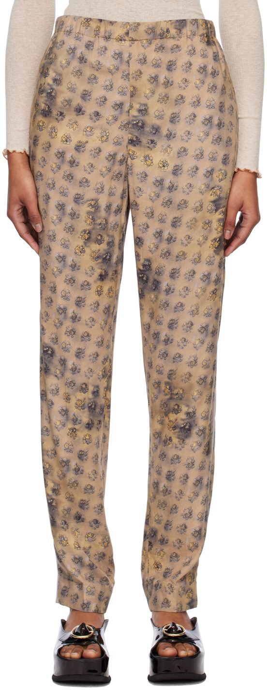 Beige Floral Trousers 231129F087034