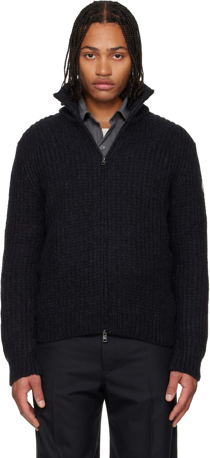Black Alpaca & Wool Zip-Up Cardigan 252111M200004