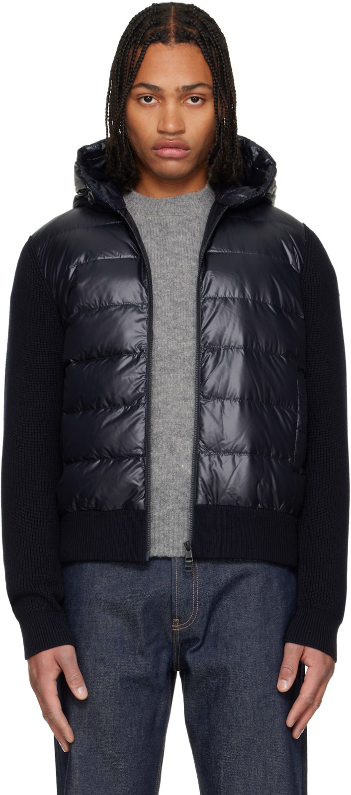 Navy Padded Wool Zip-Up Down Jacket 252111M178057