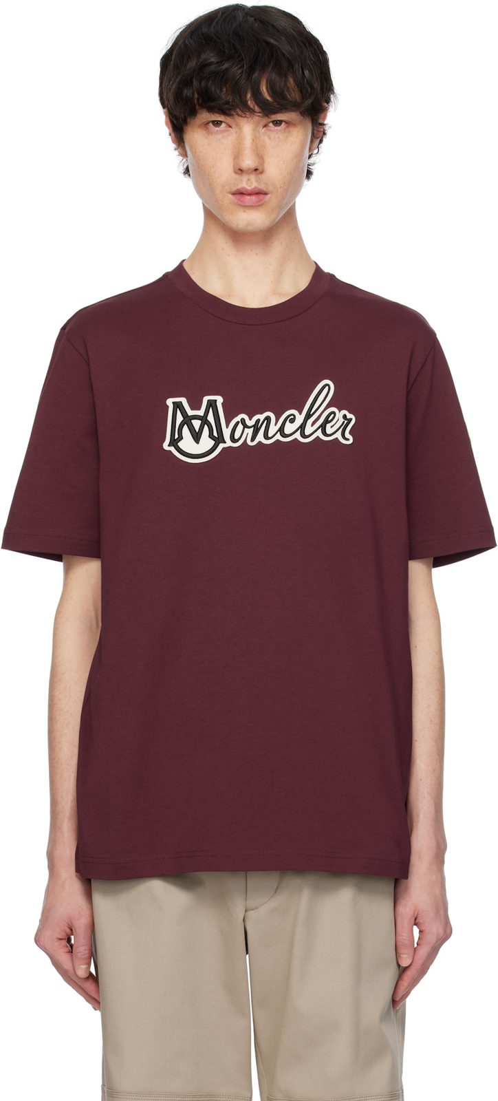 Burgundy Embroidered Varsity Logo Cotton T-shirt 251111M213069