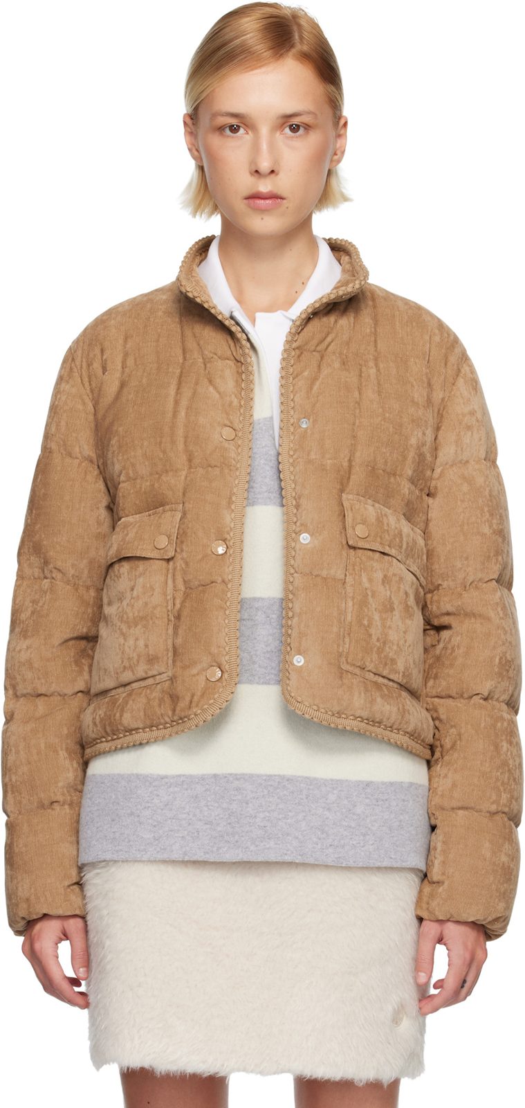 Tan Essarts Braided Trim Corduroy Short Down Jacket 252111F063011