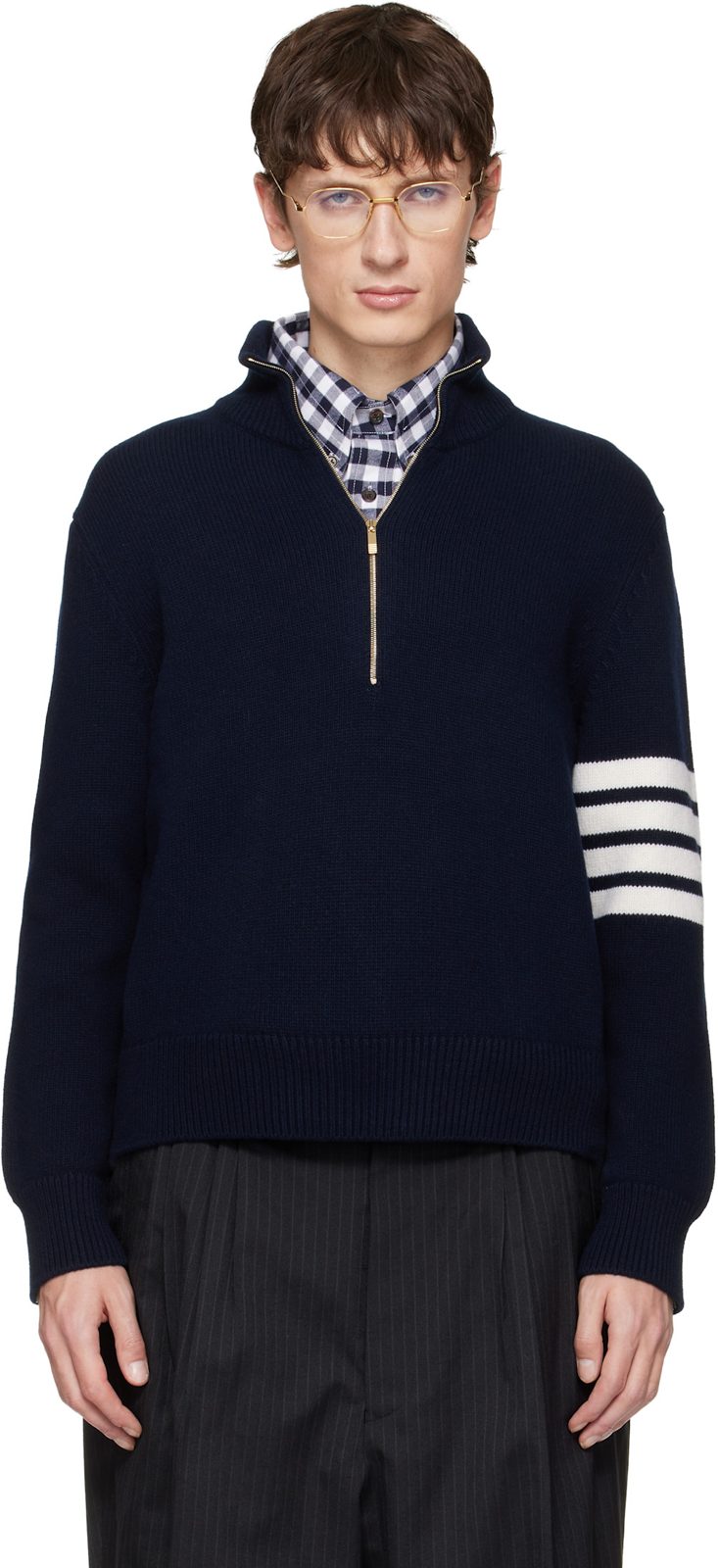 Navy Merino Wool 4-Bar Funnel Neck Sweater 252381M202012