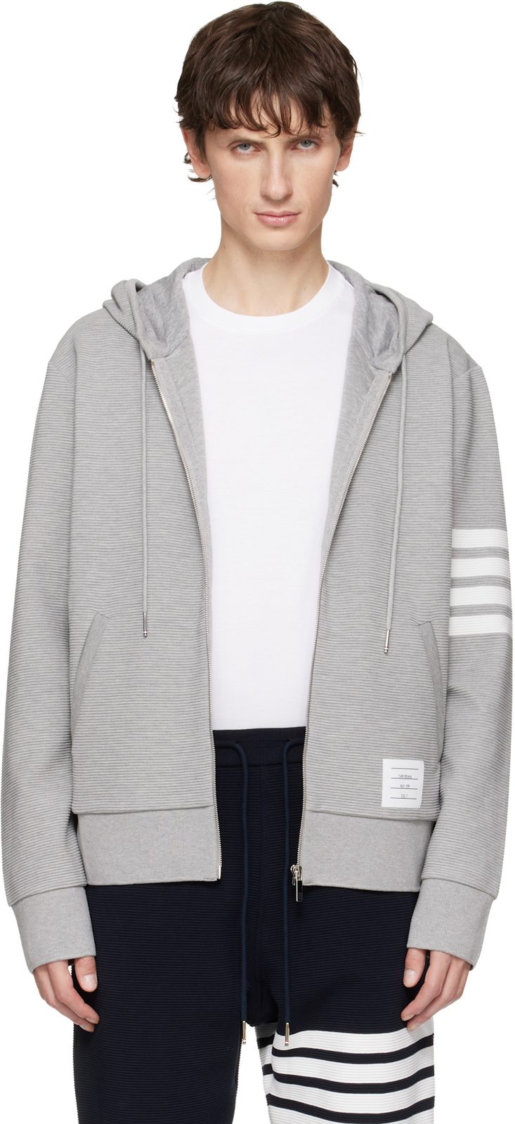Gray Cotton Ottoman 4-Bar Zip Hoodie 252381M202015