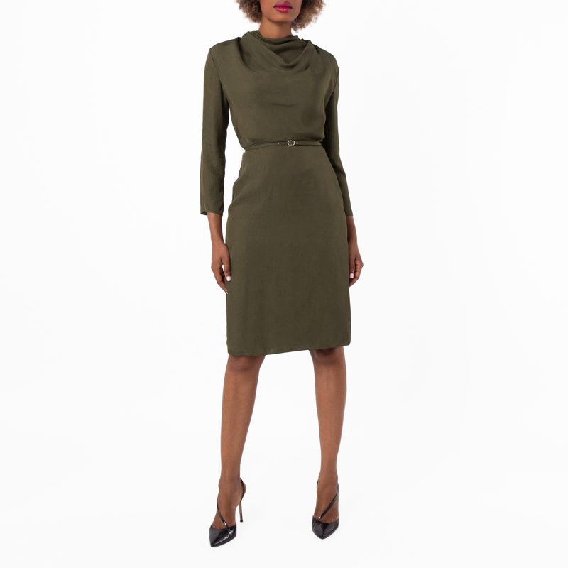 Military Green Cowl-Neck Belted Midi Dress