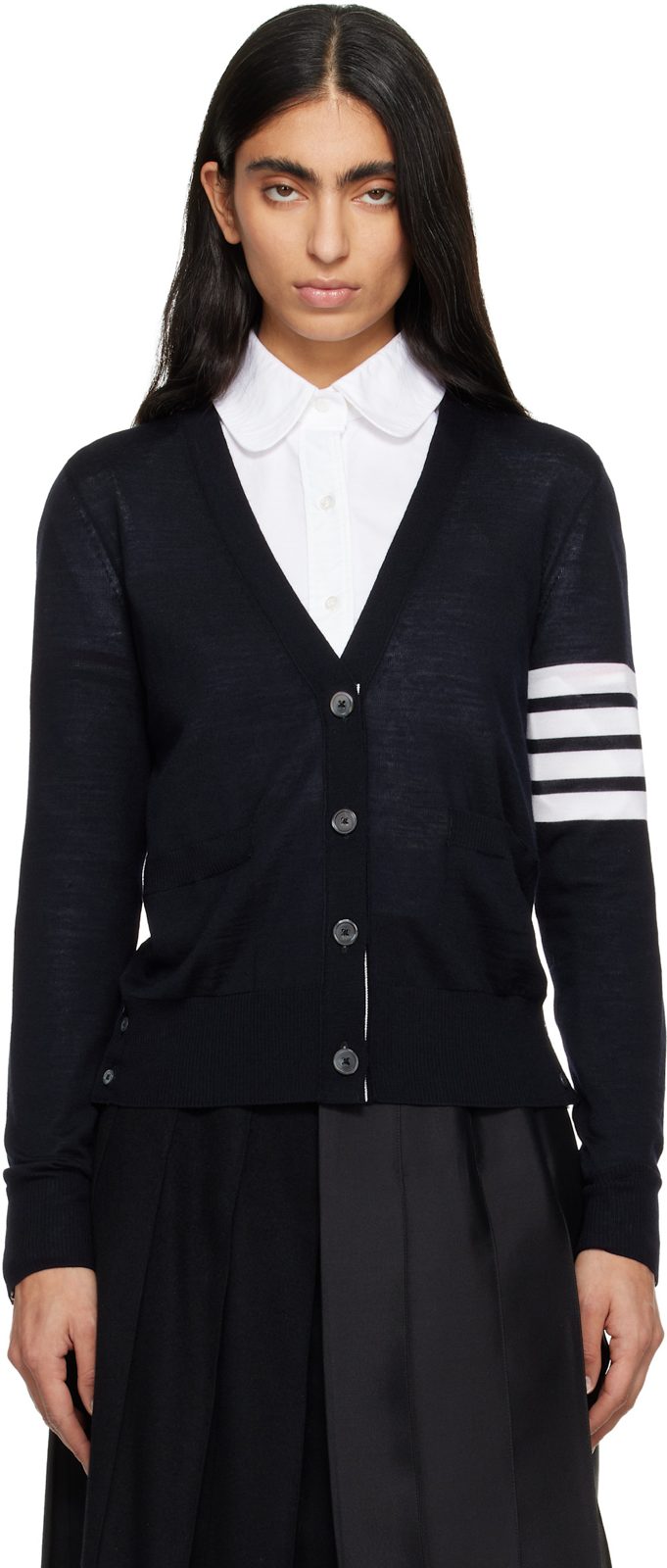 Navy Merino Wool 4-Bar Relaxed Fit V-Neck Cardigan 261381F095010