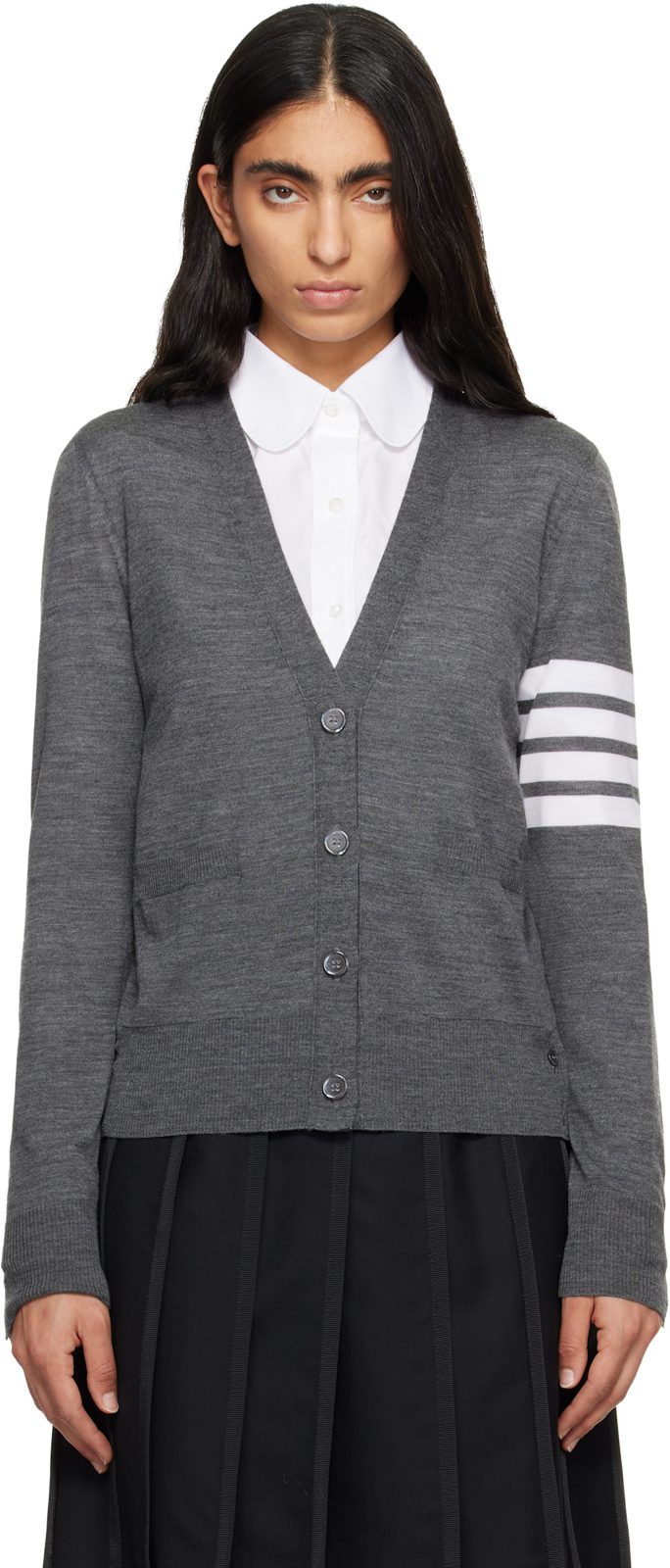 Gray Merino Wool 4-Bar Relaxed Fit V-Neck Cardigan 261381F095009