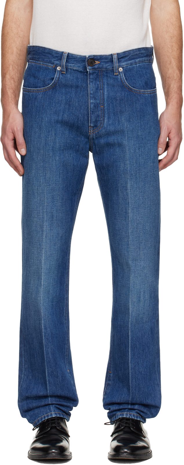 Blue Straight Fit Shadow Washed Jeans 261278M186005