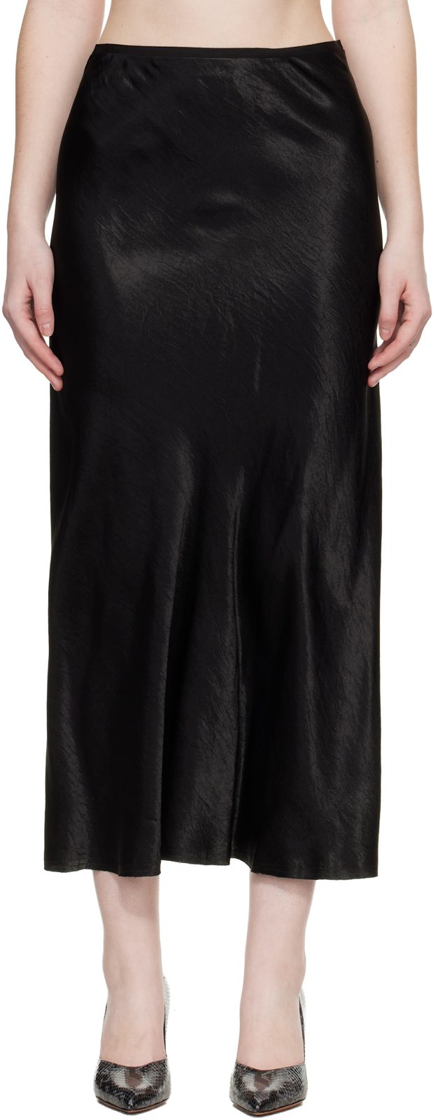 Black Satin Midi Skirt 261168F092007